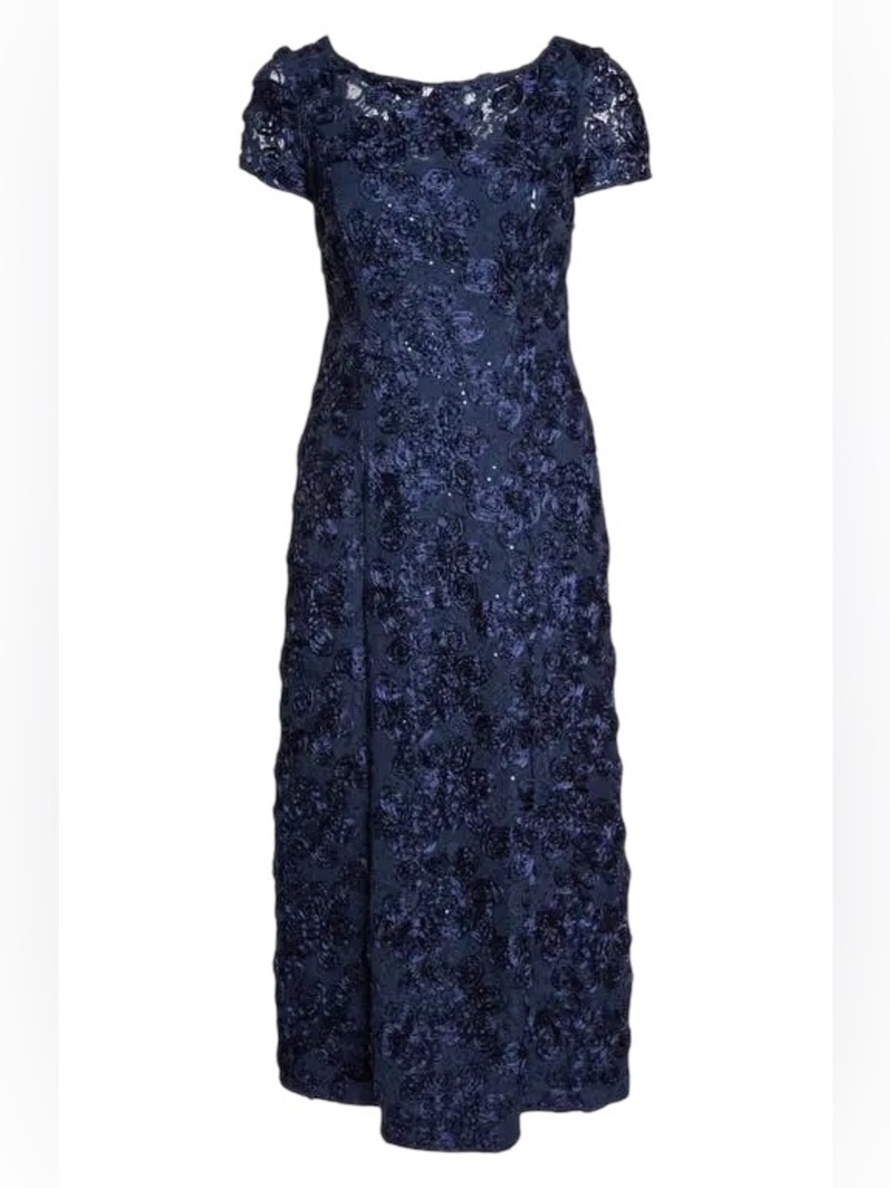 Alex Evenings blue satin sequined rosette maxi formal evening gown women’s sz 12 - Picture 2 of 9